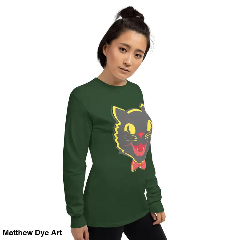 Green long sleeve shirt featuring vintage cat graphic for a stylish unisex look