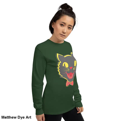 Green long sleeve shirt featuring vintage cat graphic for a stylish unisex look