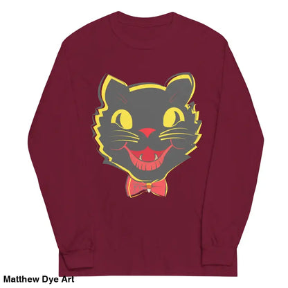 Maroon long sleeve shirt featuring vintage cat graphic for a stylish Halloween look