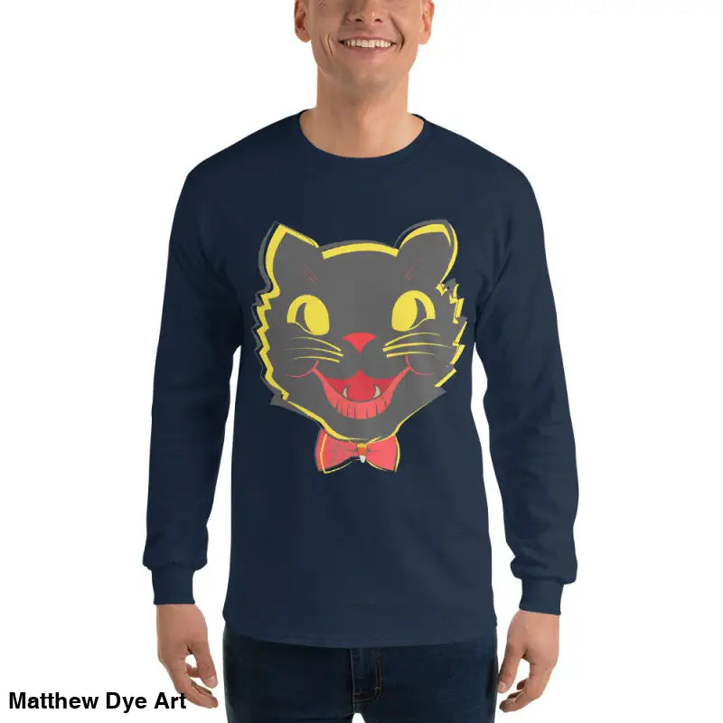 Navy long sleeve shirt featuring a vintage cat graphic from the Witch’s Familiar collection