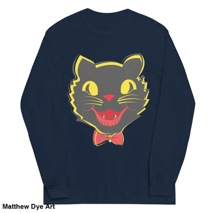 Navy long sleeve shirt featuring vintage cat graphic for unisex Halloween style