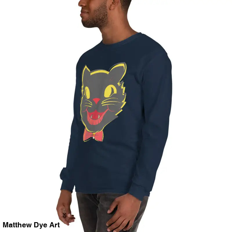 Navy long sleeve shirt featuring a cat graphic from the Vintage Halloween Cat collection