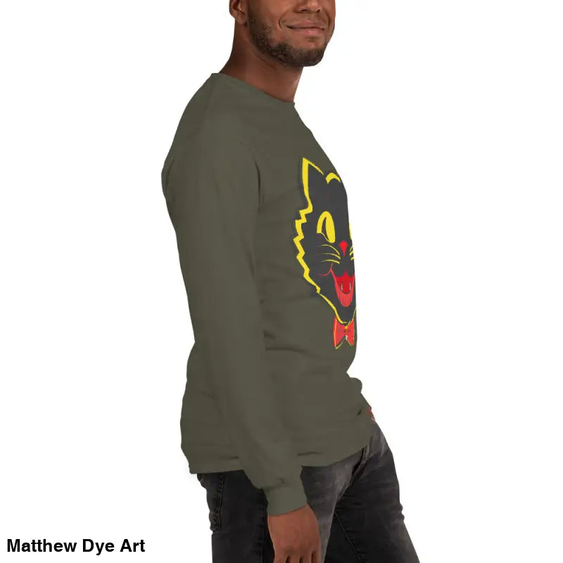 Olive green long sleeve shirt featuring black cat graphic, perfect vintage cat unisex apparel