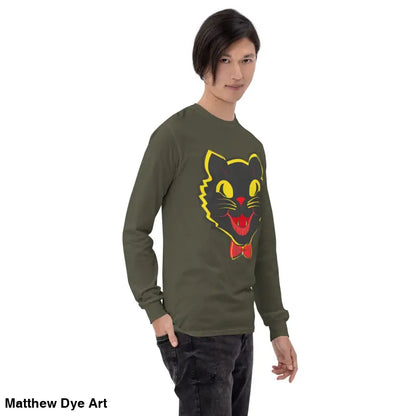 Olive long sleeve shirt featuring vintage cat graphic for unisex Halloween apparel