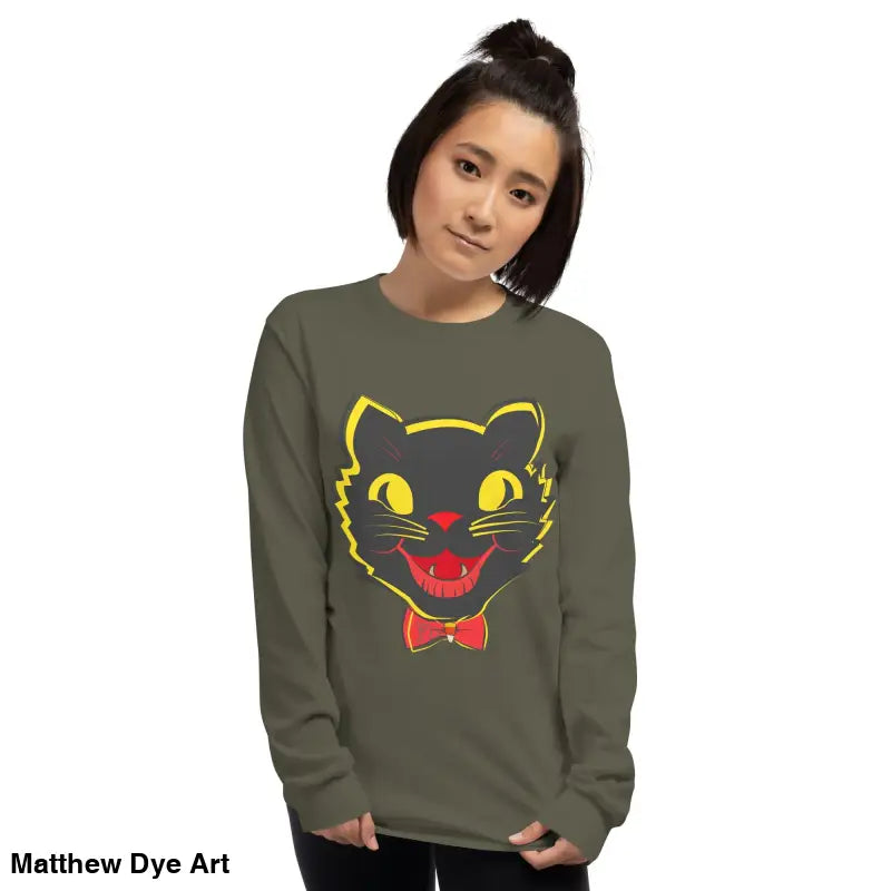 Vintage Halloween Cat Long Sleeve shirt featuring a black cat graphic for unisex wear