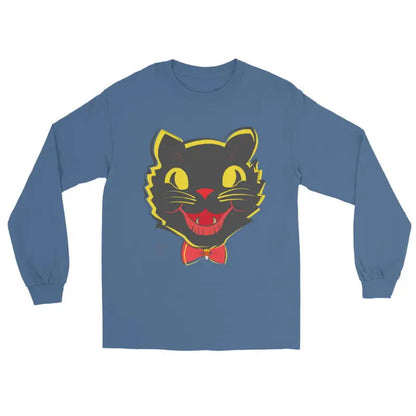 Blue long sleeve shirt featuring a vintage cat unisex design with a bow tie