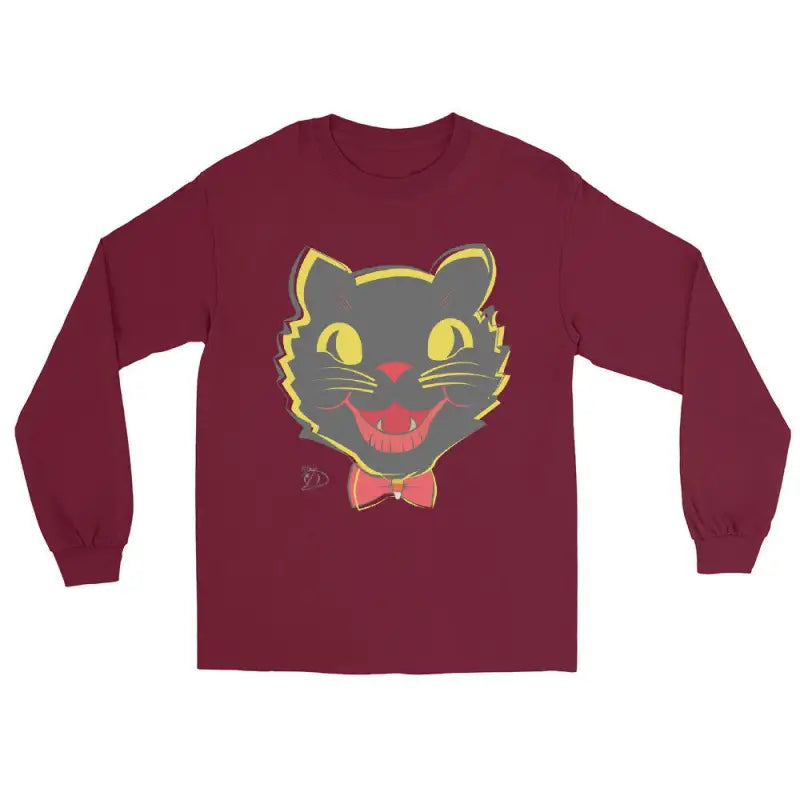 Burgundy long sleeve shirt featuring cartoon black cat face design for vintage cat unisex