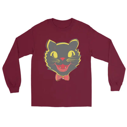 Maroon long sleeve shirt featuring a black cat graphic for vintage cat unisex style