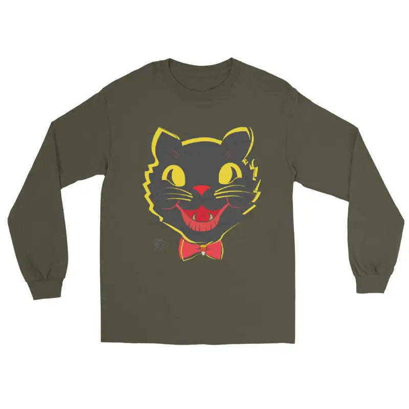 Olive green long sleeve shirt featuring a yellow cartoon cat face with red bow tie