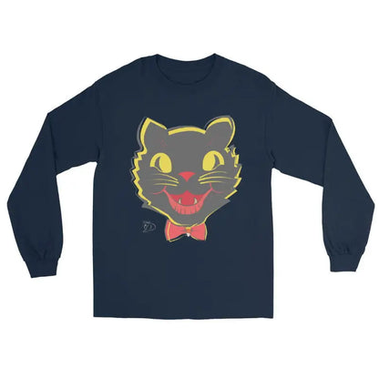 Navy blue long sleeve shirt featuring a cartoon black cat on a vintage cat unisex design