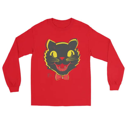 Red long sleeve shirt featuring vintage cat design with bow tie and yellow eyes