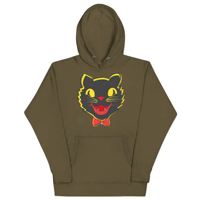 Olive green Vintage Cat Unisex Hoodie with cartoon black cat face and red bow tie design