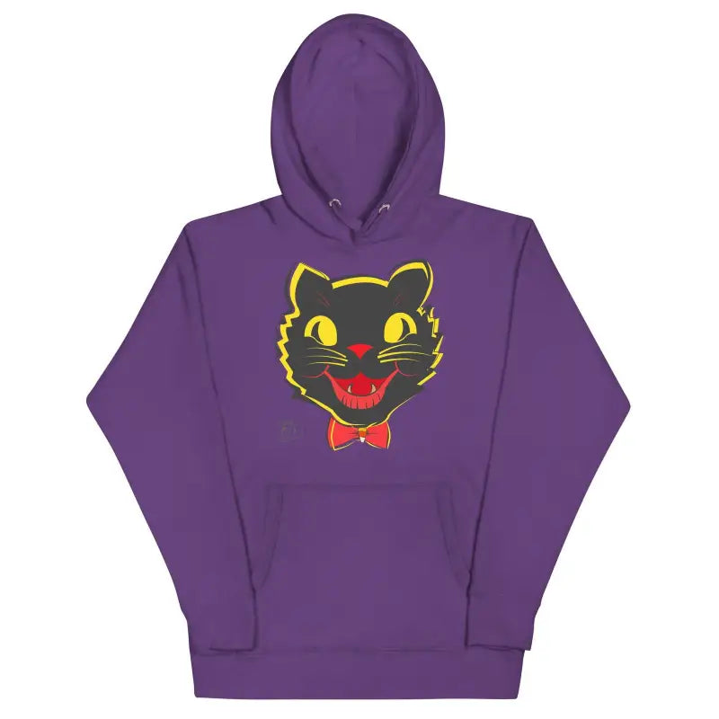 Purple Vintage Cat Unisex Hoodie featuring enchanting black cat face and red bow tie design