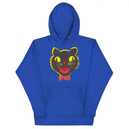 Royal blue Vintage Cat Unisex Hoodie with enchanting black cat face design and red bow tie