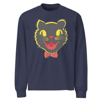 Navy heavyweight long sleeve shirt featuring vintage cat graphic for Halloween