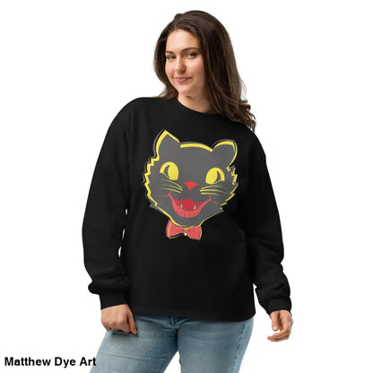 Black sweatshirt featuring a vintage cat graphic from the premium heavyweight long sleeve collection