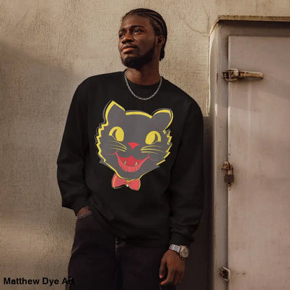 Black heavyweight long sleeve sweatshirt featuring vintage cat graphic design