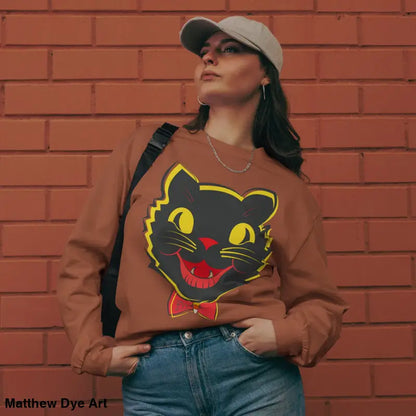 Woman showcasing a Vintage Halloween Cat Heavyweight Long Sleeve sweatshirt