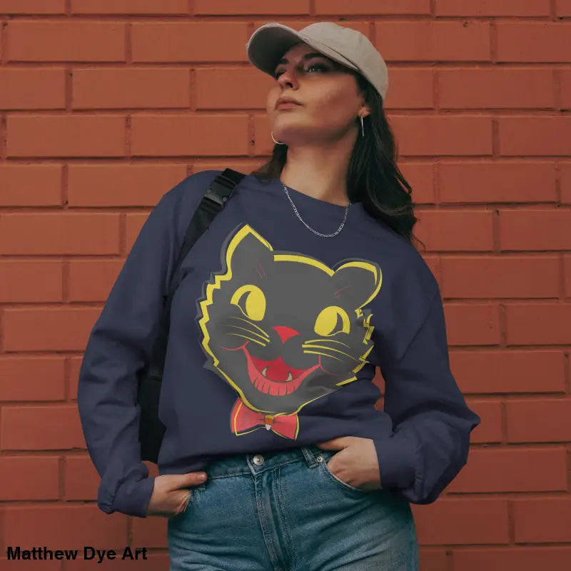 Woman in black cat sweatshirt from Vintage Halloween Cat Heavyweight Long Sleeve collection
