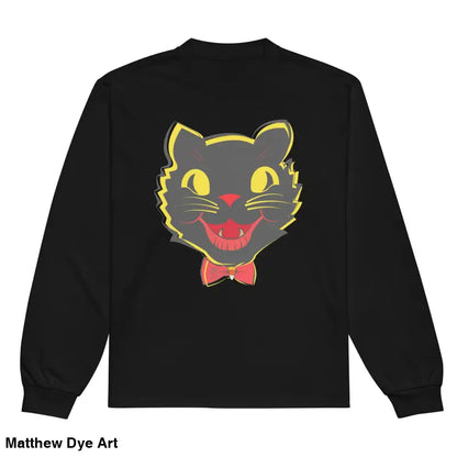 Black premium heavyweight long sleeve shirt featuring vintage cat graphic design