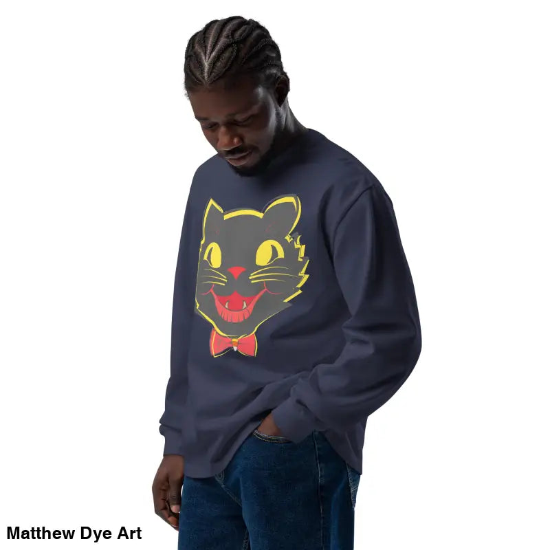 Navy sweatshirt featuring a black cat graphic from the Vintage Halloween Cat collection