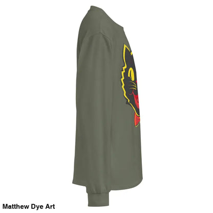 Olive green heavyweight long sleeve shirt featuring vintage cat graphic design