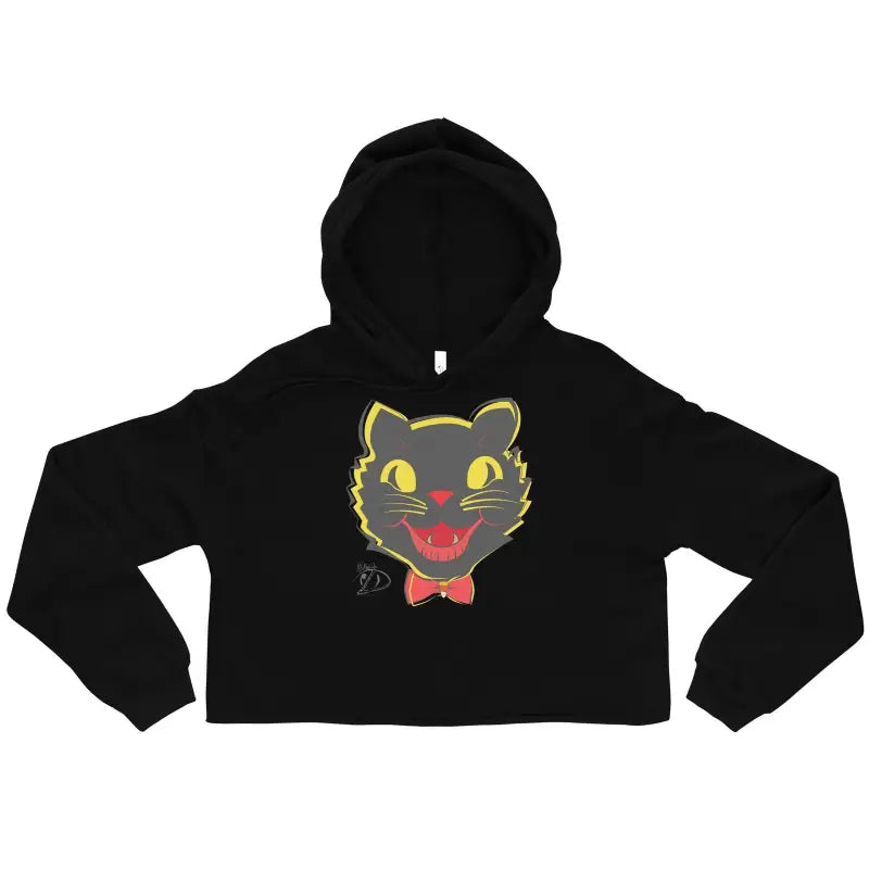 Vintage Black Cat Crop Hoodie showcasing a playful cat face design with yellow accents