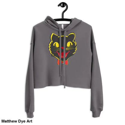 Gray cropped hoodie featuring a stylish vintage black cat graphic for Halloween
