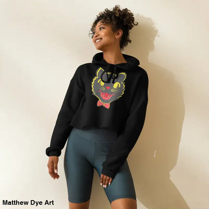 Woman wearing stylish vintage black cat crop hoodie and blue shorts for Halloween