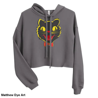 Stylish vintage black cat graphic on gray cropped hoodie, perfect for Halloween enthusiasts
