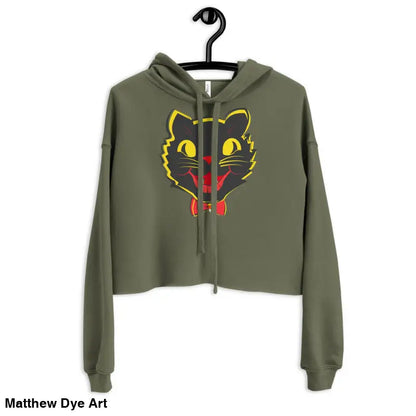 Olive green cropped hoodie featuring a stylish vintage black cat graphic design