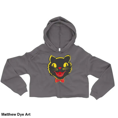Gray cropped hoodie featuring a stylish vintage black cat graphic for Halloween