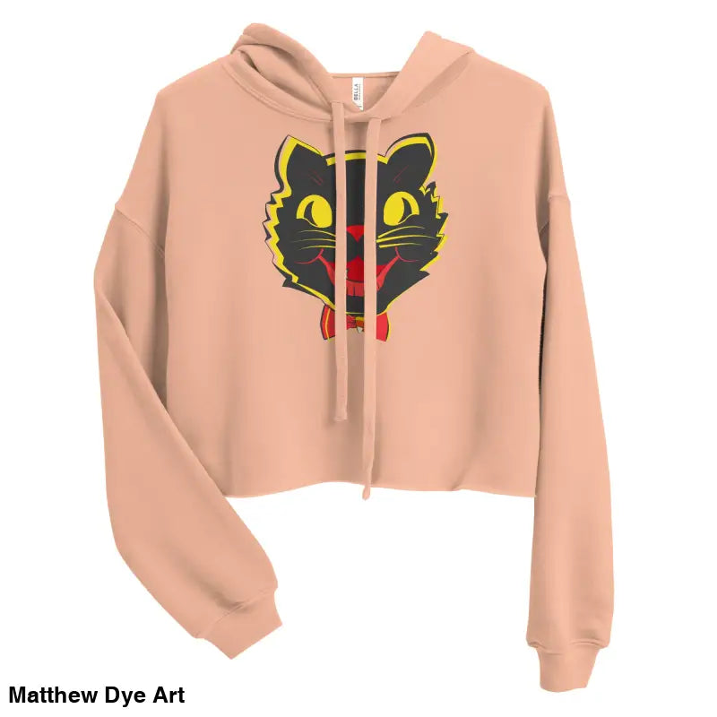 Peach-colored cat crop hoodie featuring a stylish vintage black cat graphic design