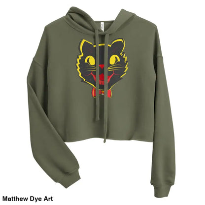 Olive green cropped hoodie featuring a vintage black cat graphic for stylish comfort
