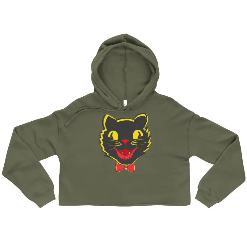 Olive green cat crop hoodie featuring vintage black cat design for stylish autumn wear