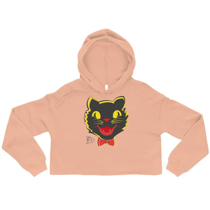 Peach-colored cat crop hoodie featuring a stylish vintage black cat face design