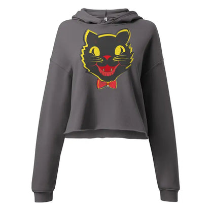 Gray cropped hoodie featuring a stylish vintage black cat graphic for Halloween