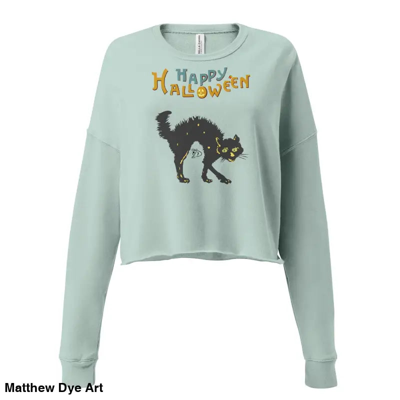 Light green Halloween sweatshirt featuring a scary cat design for an enchanting look