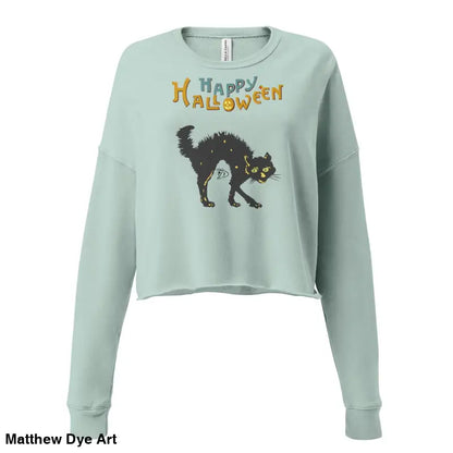 Light green Halloween sweatshirt featuring a scary cat design for an enchanting look