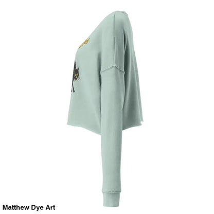 Light green cropped sweatshirt featuring a scary cat Halloween graphic design