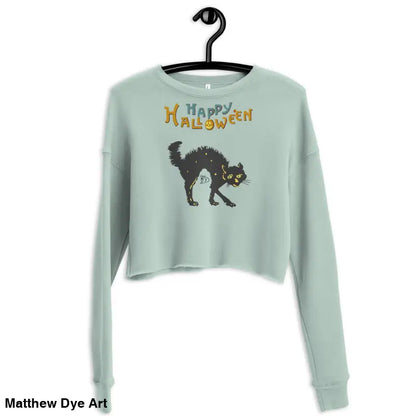 Light green cropped sweatshirt featuring a scary cat Halloween design and text