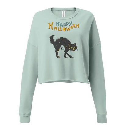 Light green Halloween sweatshirt featuring a scary cat design for an enchanting look