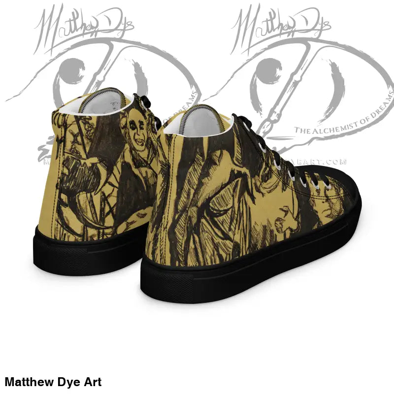 High-top sneakers with yellow and black manga design evoke classic horror, featuring EVA rubber outsole