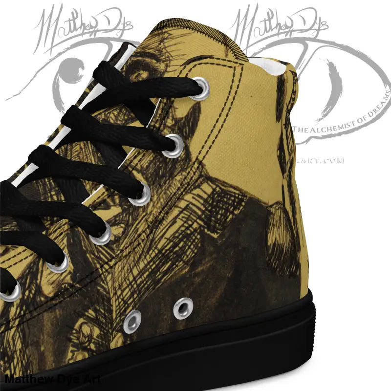 High-top sneaker in yellow and black camouflage, inspired by classic horror, with EVA rubber outsole