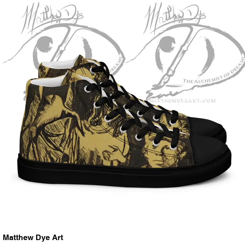High-top sneaker in tan and black camouflage, inspired by classic horror, with EVA rubber outsole