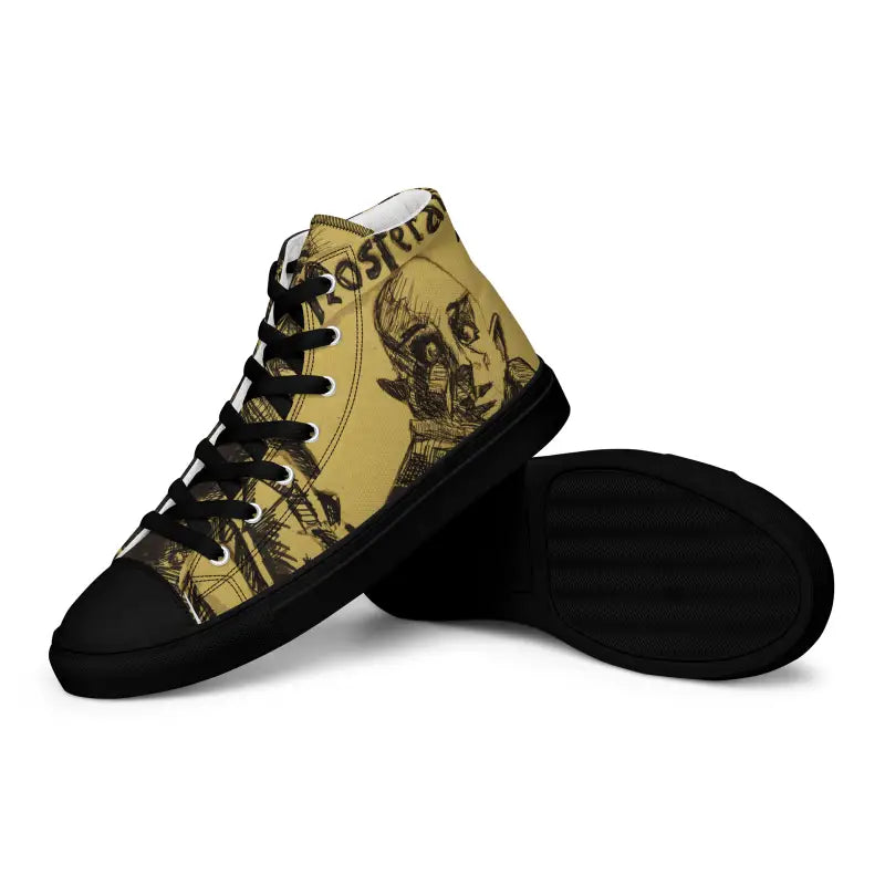 High-top sneaker with yellow and black postal design from Whispers of Classic Horror