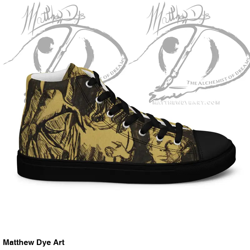 High-top sneaker with gold and black design inspired by classic horror for women