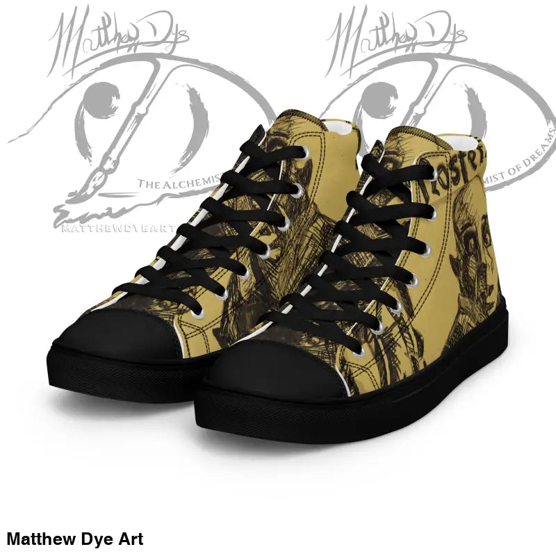 High-top sneakers with gold design and black laces from Whispers of Classic Horror