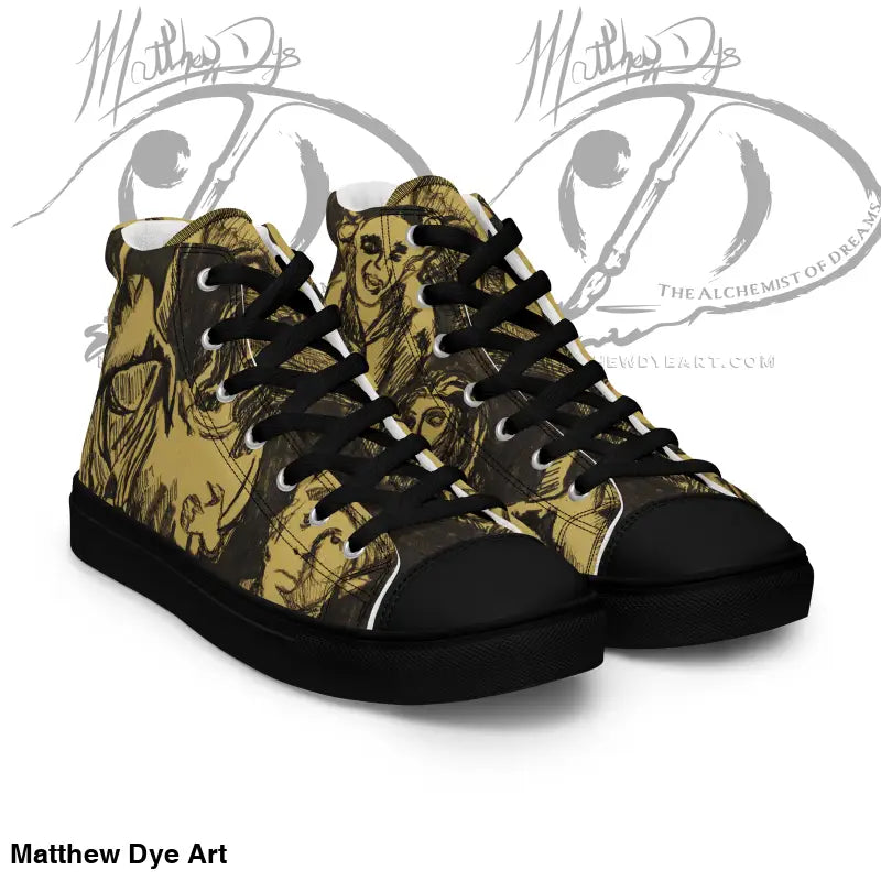 High-top sneakers with yellow and black zombie graphic for classic horror enthusiasts