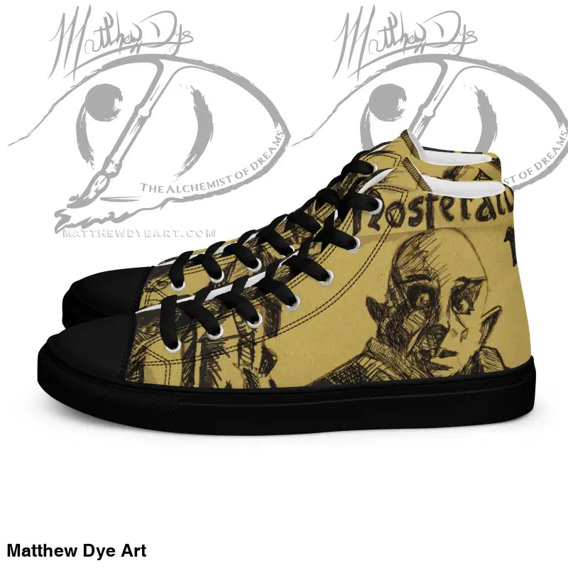 High-top sneaker in artistic yellow and black design for classic horror enthusiasts